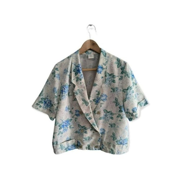 VINTAGE Linen blend floral summer short sleeve blazer flax blend - Picture 1 of 7